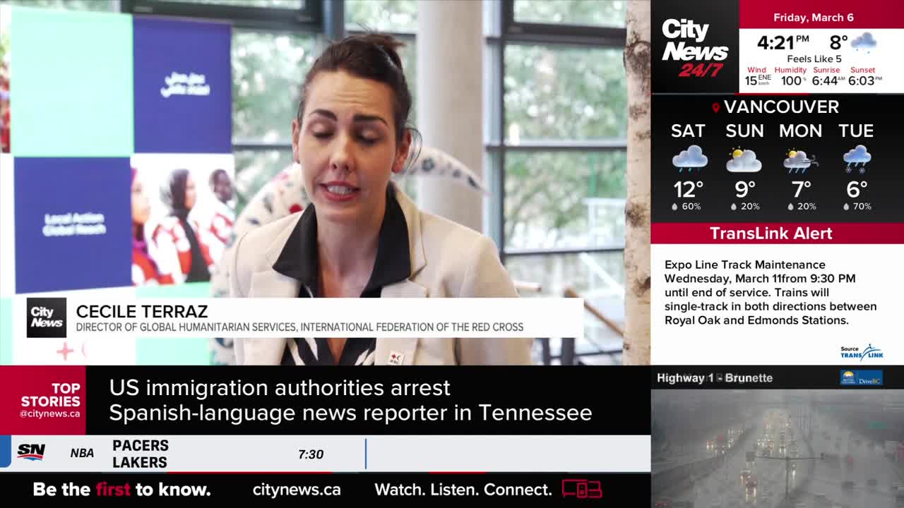 A woman speaks directly to the camera, identifying herself as Cecile Terraz, Director of Global Humanitarian Services for the International Federation of the Red Cross. On the right side of the screen, CityNews Vancouver displays the current weather and a TransLink alert about Expo Line track maintenance. Below that, a traffic camera shows cars moving along Highway 1 near Brunette.