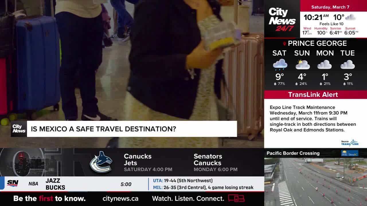 People are walking with luggage, their faces obscured. A CityNews Vancouver graphic asks if Mexico is a safe travel destination.
