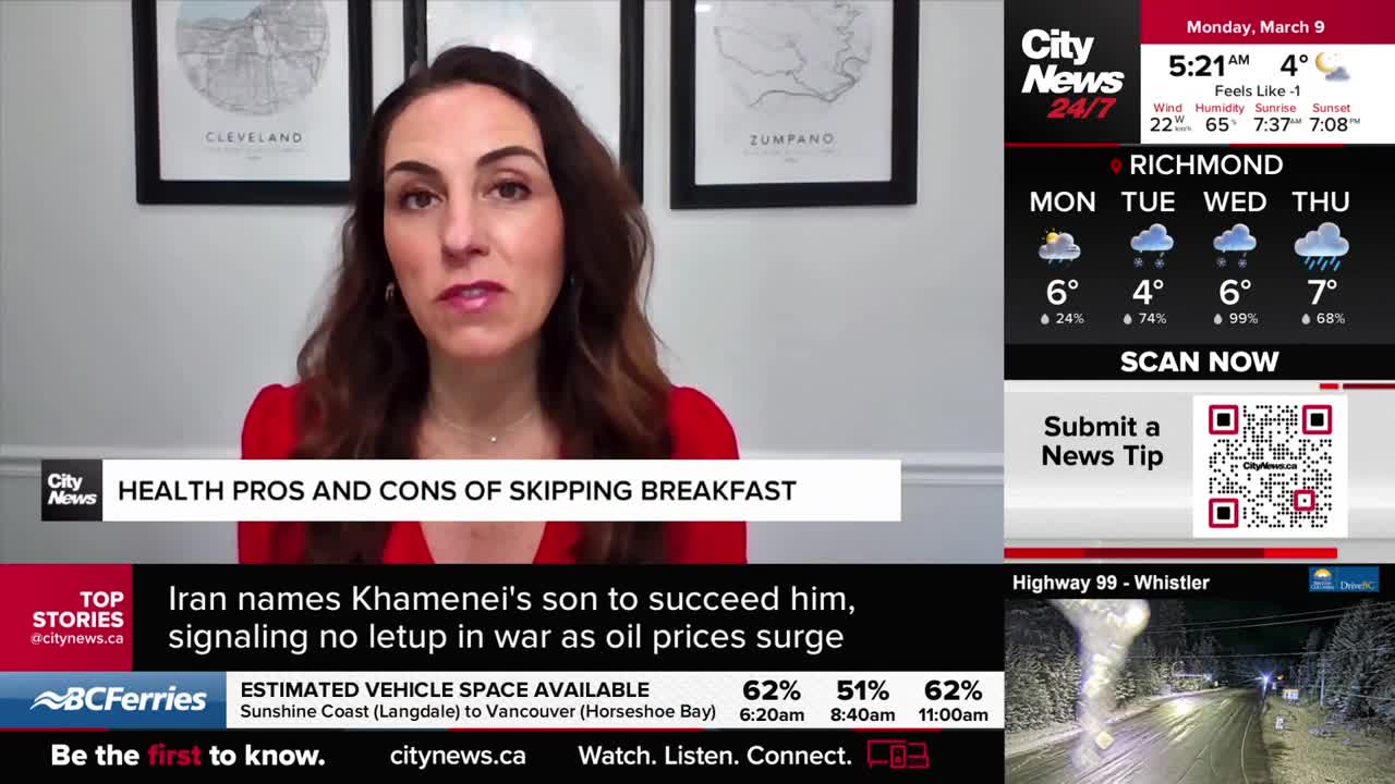 A woman in a red top speaks directly to the camera, with a CityNews banner below her. To the right, a weather forecast for Richmond shows rain and cool temperatures.