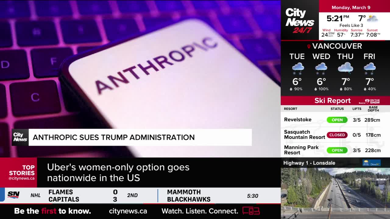 A phone screen displays "ANTHROPIC SUES TRUMP ADMINISTRATION" over a keyboard. CityNews Vancouver's weather forecast for Tuesday shows rain and a high of 6 degrees Celsius.