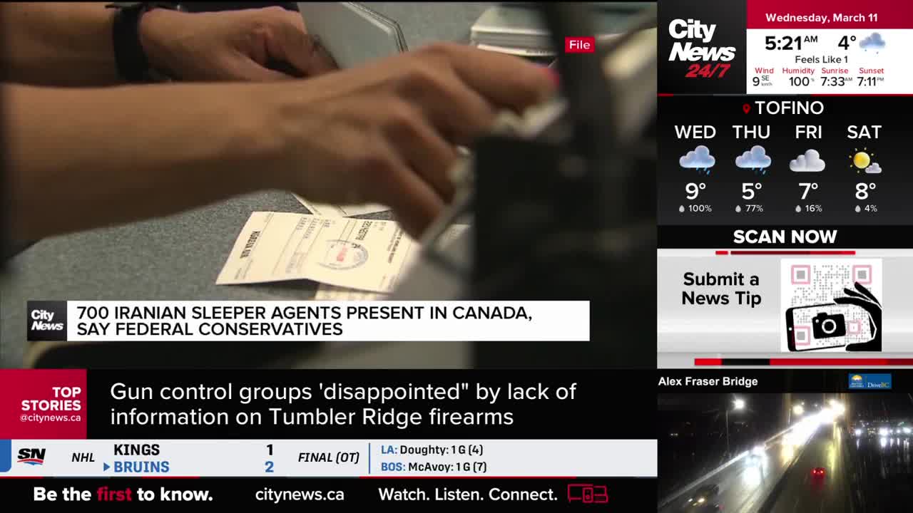 Hands are sorting through documents on a table. A CityNews Vancouver overlay states federal conservatives claim 700 Iranian sleeper agents are present in Canada.