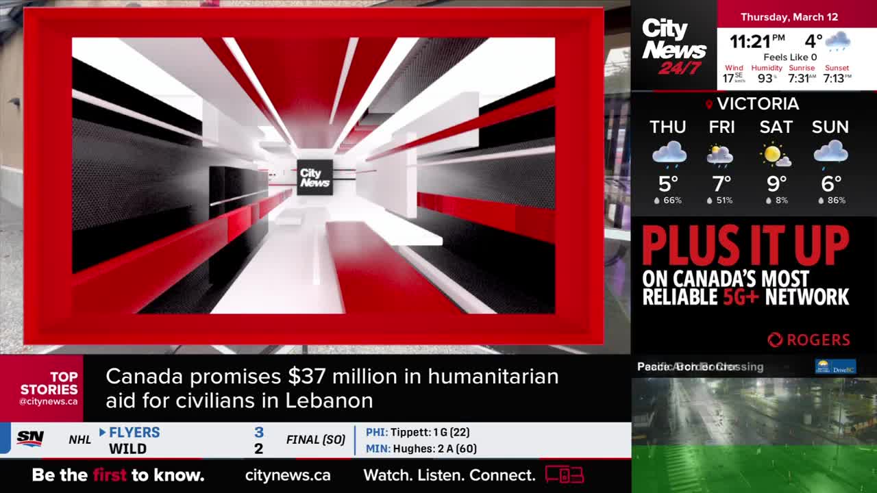 A news graphic with a red and white abstract design fills the left side of the screen. To the right, a CityNews Vancouver broadcast displays weather forecasts and a Rogers advertisement.