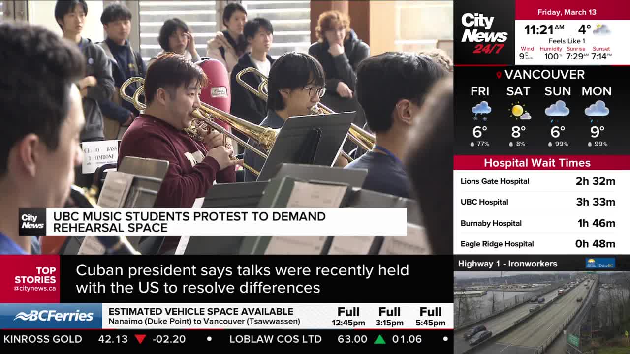 A group of UBC music students are playing trombones and other brass instruments. They're gathered outside, with a CityNews Vancouver graphic indicating they're protesting for rehearsal space.