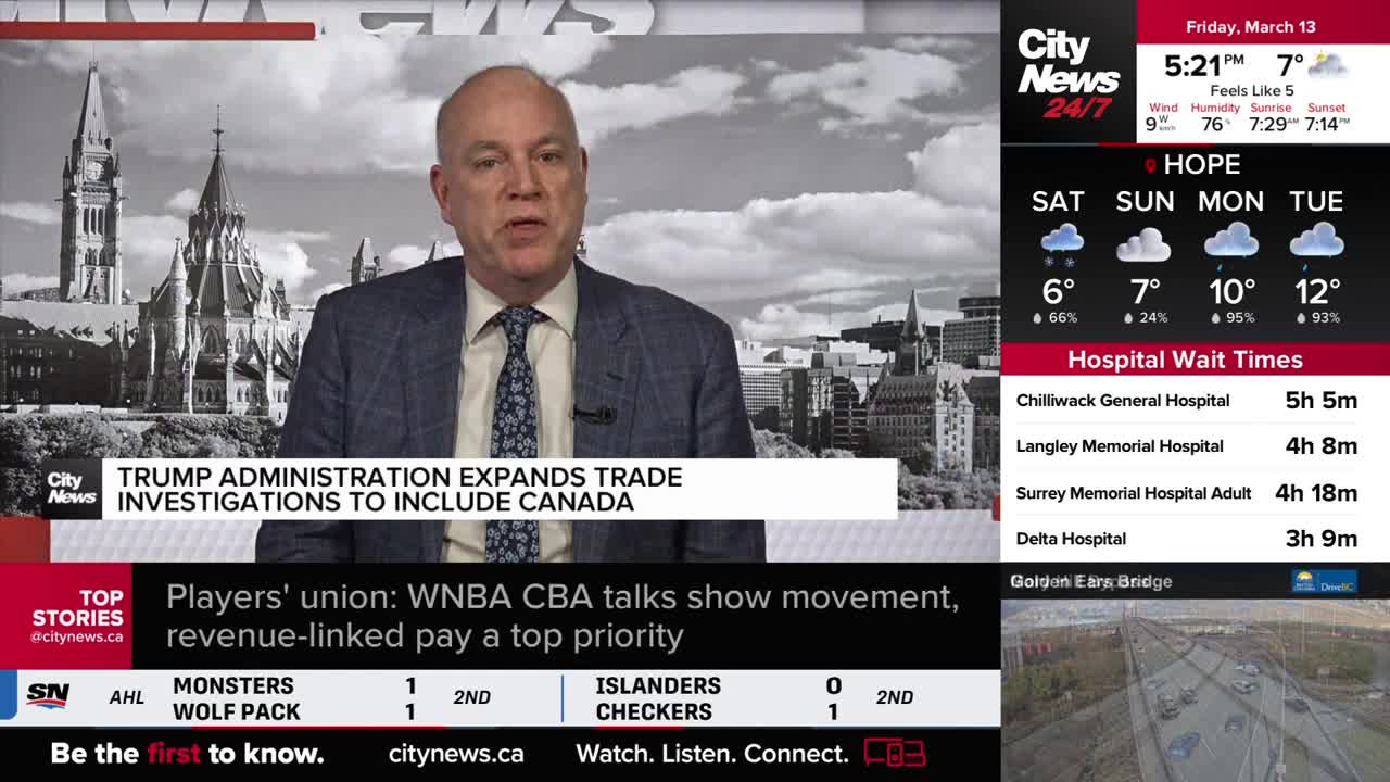 A man in a suit and tie speaks directly to the camera, with a backdrop of the Parliament Buildings in Ottawa. On the right side of the screen, the CityNews Vancouver weather forecast shows rain for Saturday and Sunday.