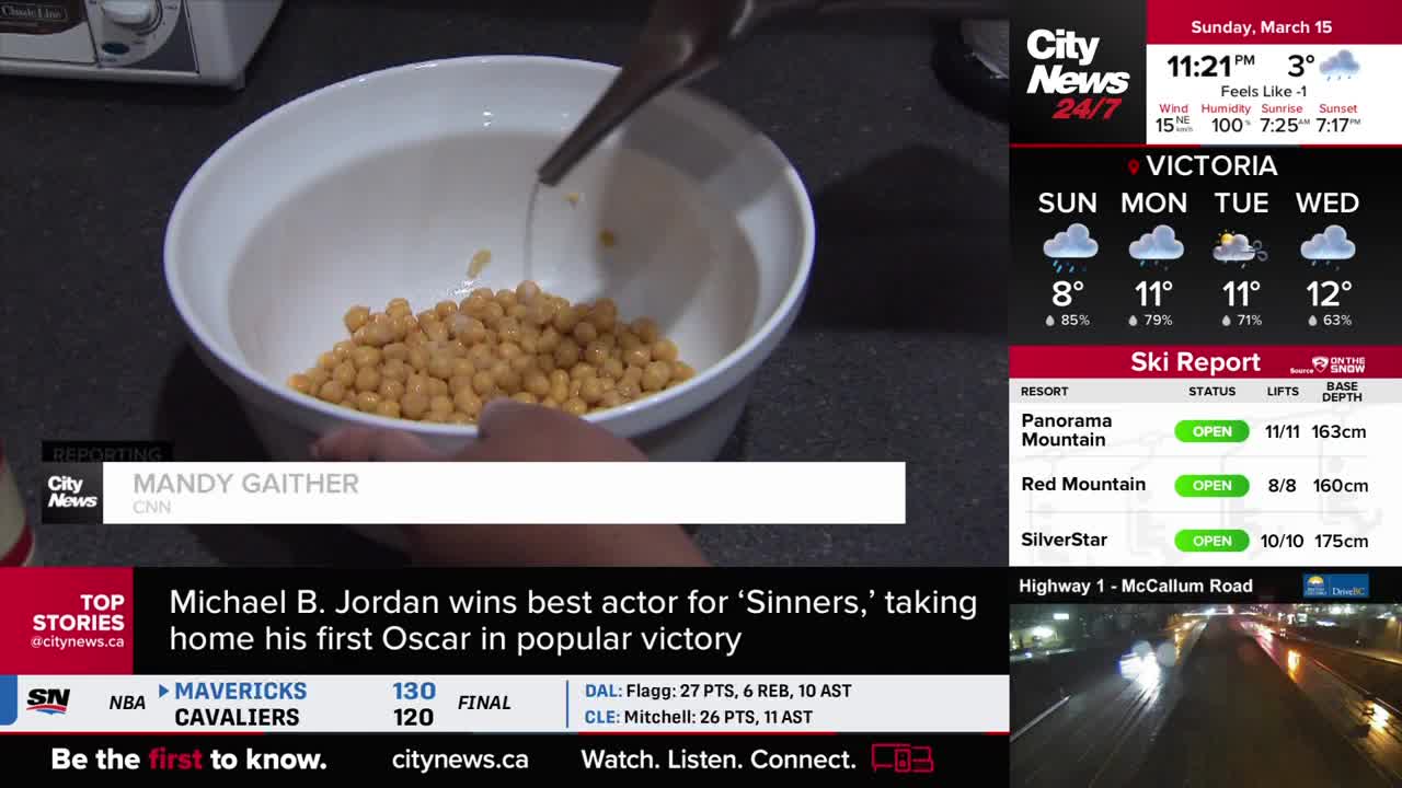 Water pours from a metal spout into a white bowl filled with chickpeas. This is part of a CityNews Vancouver broadcast, reporting on Michael B. Jordan's Oscar win. Water pours from a metal spout into a white bowl filled with chickpeas. This is part of a CityNews Vancouver broadcast, reporting on Michael B. Jordan's Oscar win.