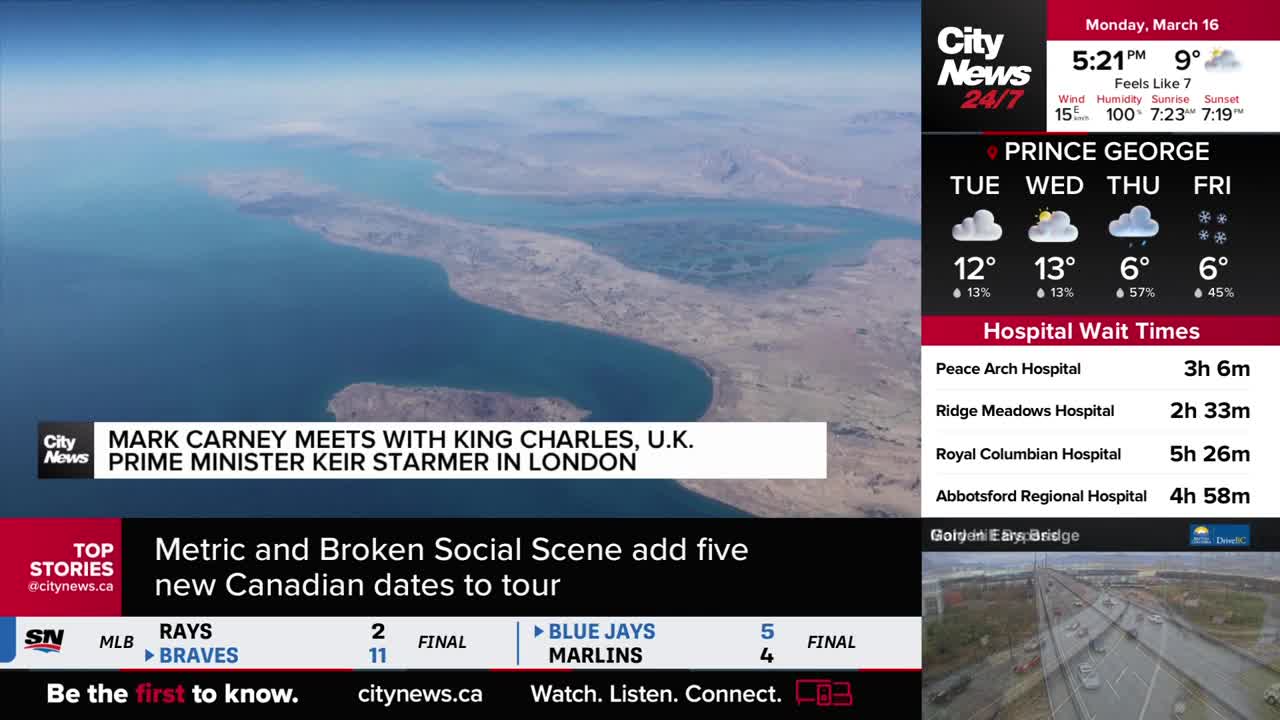 Cars are moving on a highway overpass, a CityNews Vancouver report mentions Mark Carney meeting with King Charles and Prime Minister Keir Starmer in London. Cars are moving on a highway overpass, a CityNews Vancouver report mentions Mark Carney meeting with King Charles and Prime Minister Keir Starmer in London.