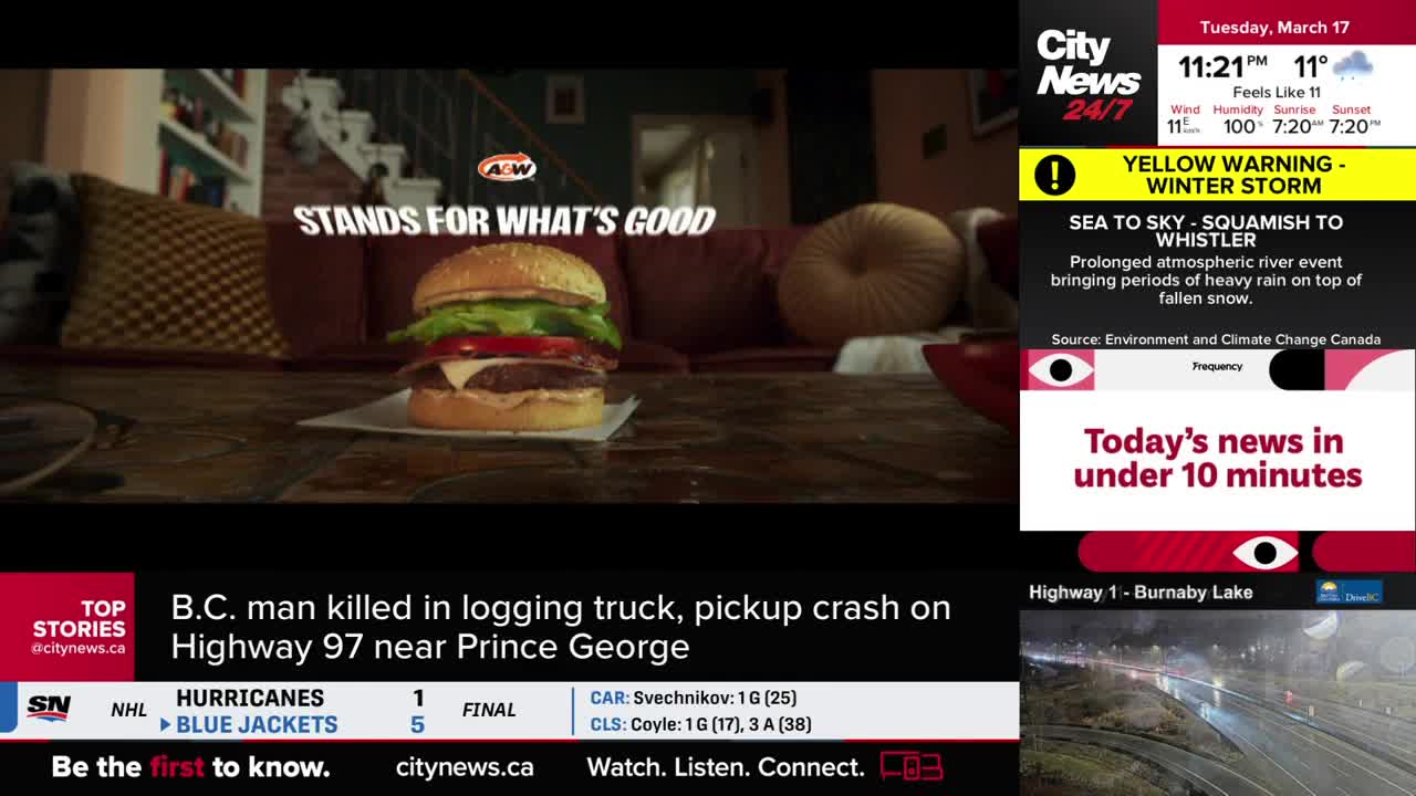 A juicy A&W burger sits on a table, advertising "Stands for What's Good." On the right, CityNews Vancouver reports a yellow warning for a winter storm affecting the Sea to Sky highway.