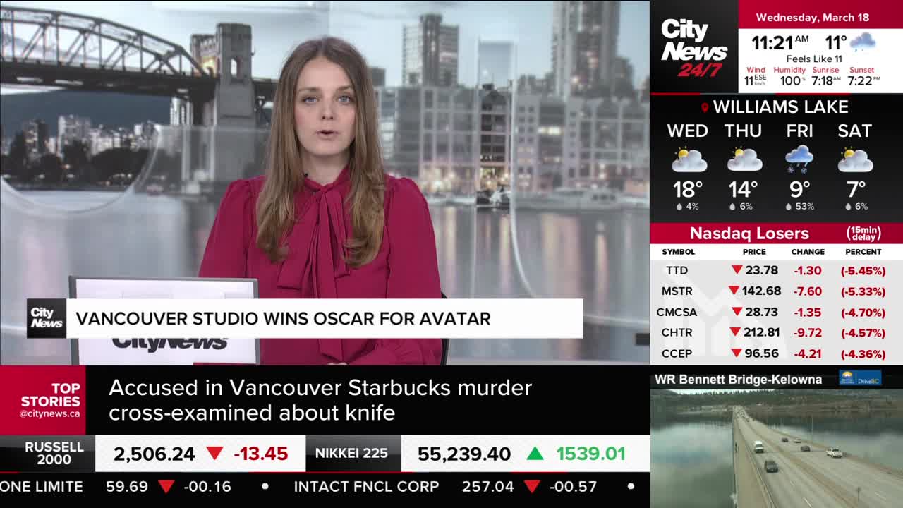 A woman in a magenta blouse speaks directly to the camera, a Vancouver skyline behind her. A graphic below her headline reads "Vancouver Studio Wins Oscar for Avatar."