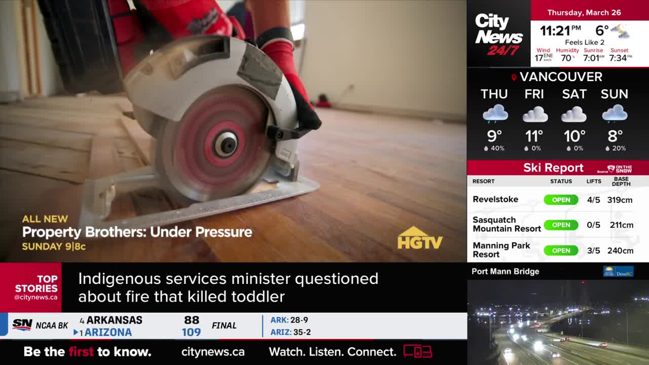 A circular saw cuts through a wooden floor, its red blade spinning. On the screen, CityNews Vancouver displays the current weather and ski conditions.