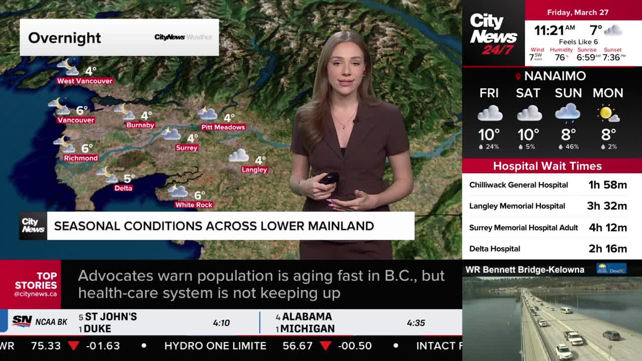 Cars are moving across the WR Bennett Bridge in Kelowna. The CityNews Vancouver weather map shows a cloudy forecast for the Lower Mainland.