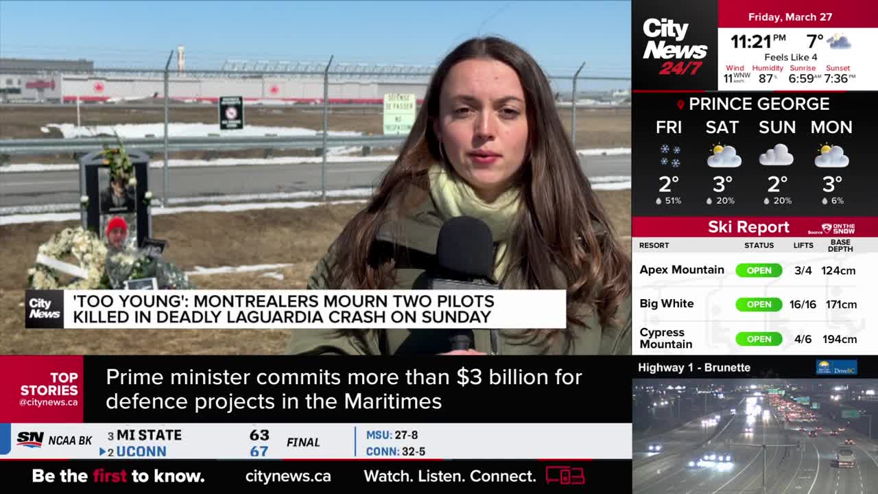 A young reporter stands with a microphone, a memorial for two pilots behind her. The CityNews Vancouver graphic on screen details a plane crash in LaGuardia.