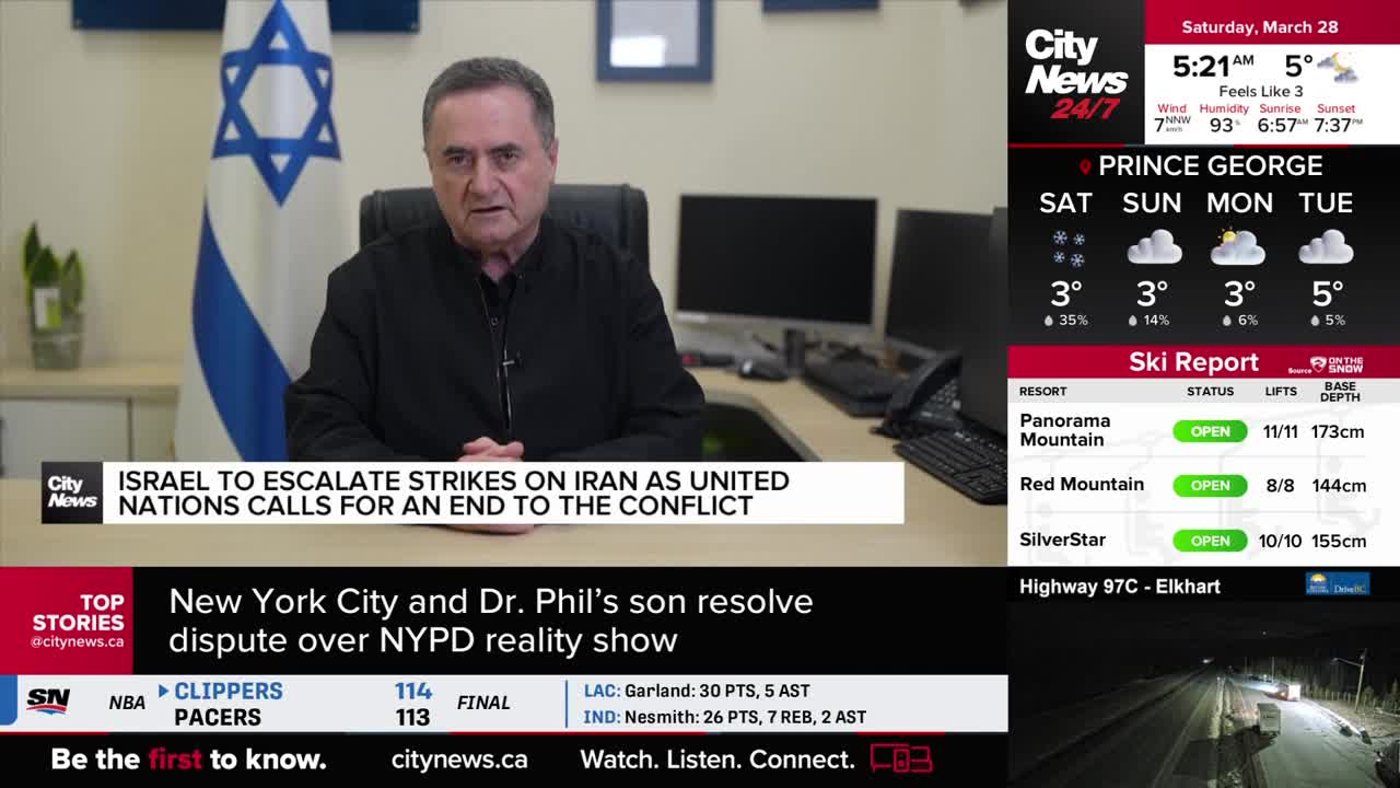 A man speaks from behind a desk, the Israeli flag behind him. CityNews Vancouver is on the screen, reporting on escalating strikes on Iran.