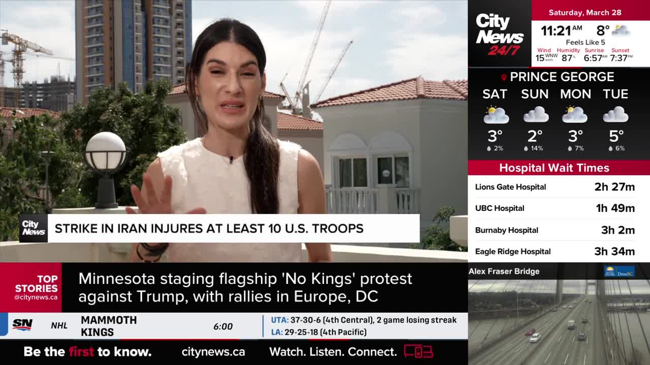 A reporter gestures as she speaks, with a headline about a strike in Iran scrolling behind her. To the right, a CityNews Vancouver graphic displays the Prince George forecast and hospital wait times.
