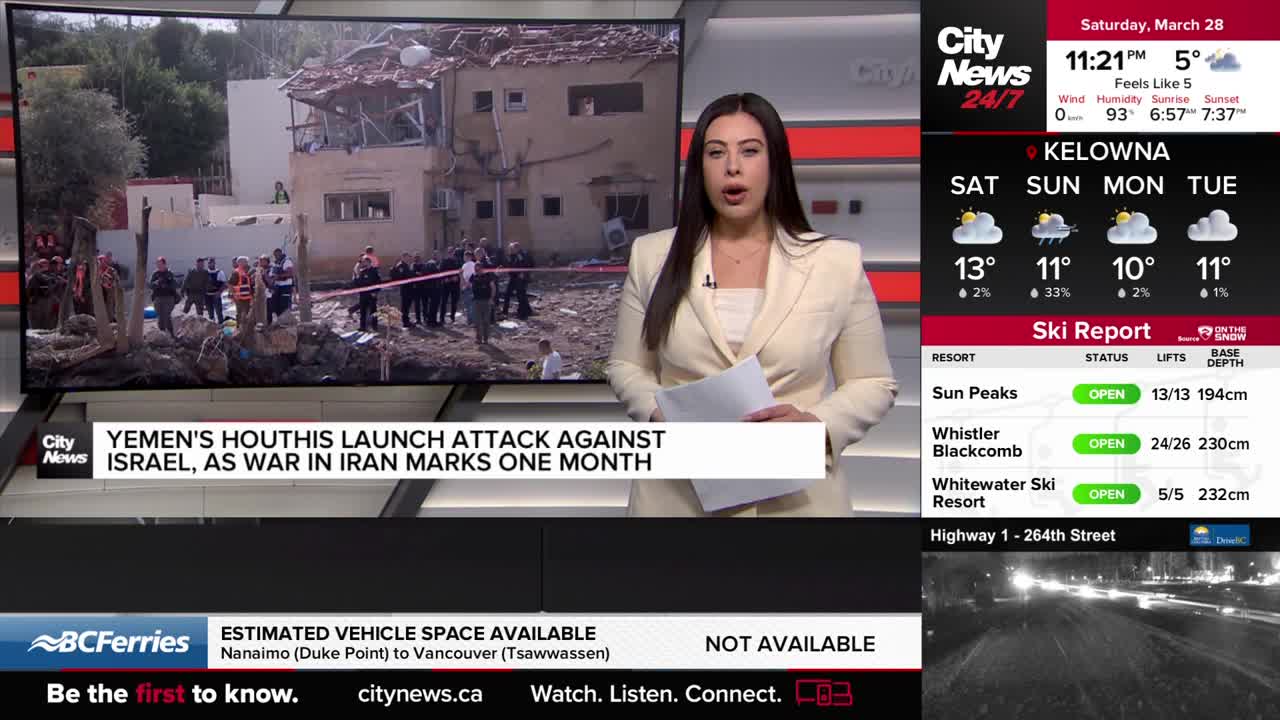 A news anchor in a light-colored suit speaks directly to the camera, holding a paper. Behind her, a large screen displays footage of a damaged building and people gathered around it. A CityNews Vancouver graphic overlays the bottom of the screen, showing ferry information.