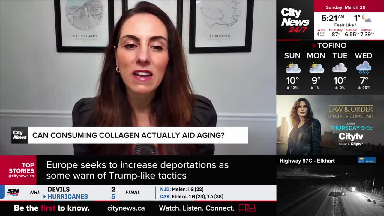 A woman speaks into a microphone, her face illuminated by studio lights. A graphic behind her asks, "Can consuming collagen actually aid aging?"