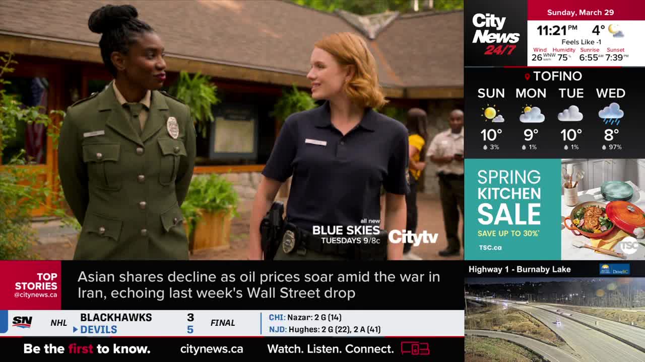 Two women in uniform stand talking outside a building. A CityNews Vancouver broadcast displays weather and news updates on the right.
