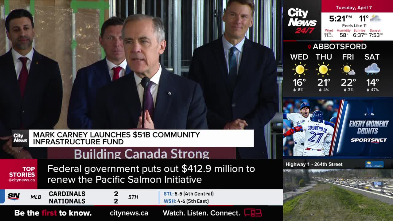Mark Carney is speaking at a podium, announcing a $51 billion infrastructure fund. The federal government is also putting $412.9 million towards the Pacific Salmon Initiative.