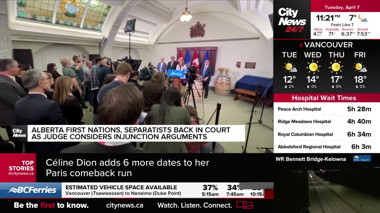 A group of people are gathered, many holding cameras and microphones, facing a podium where several individuals stand. A banner reads "Alberta First Nations, Separatists Back in Court as Judge Considers Injunction Arguments."