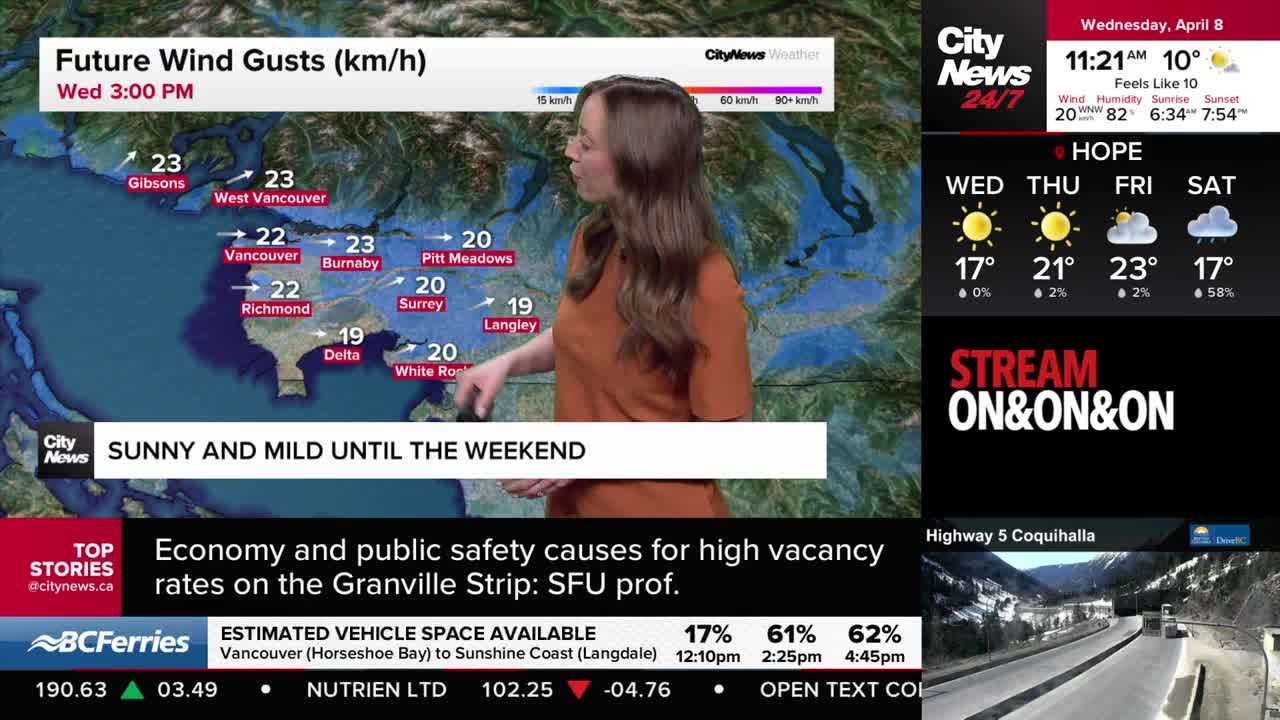 A meteorologist points to a map showing future wind gusts across the Lower Mainland. The forecast indicates sunny and mild weather until the weekend.