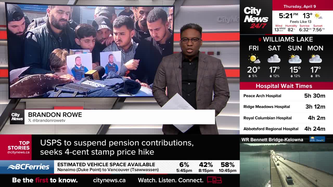 A news anchor stands in front of a screen showing a group of men holding up photos. The screen also displays current weather for Williams Lake and hospital wait times across the Lower Mainland.