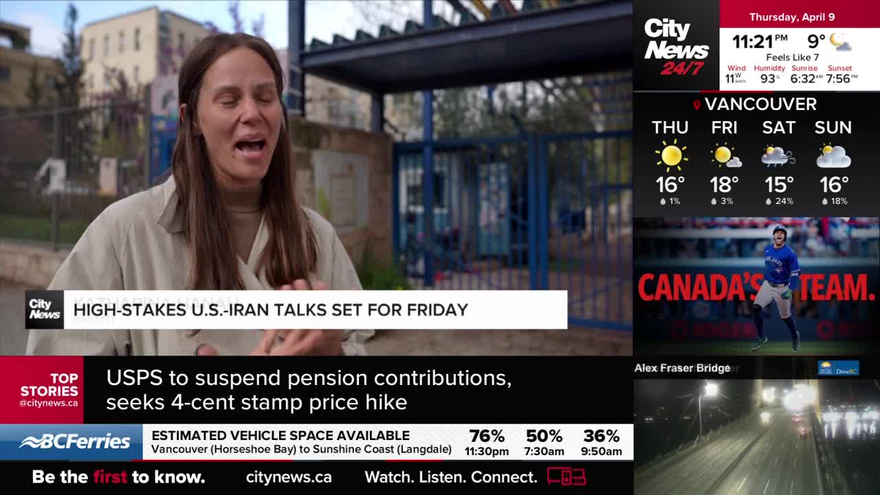 A woman speaks animatedly in front of a building with a blue gate. On the right, a baseball player in a blue uniform poses with "CANADA'S TEAM." written behind him.