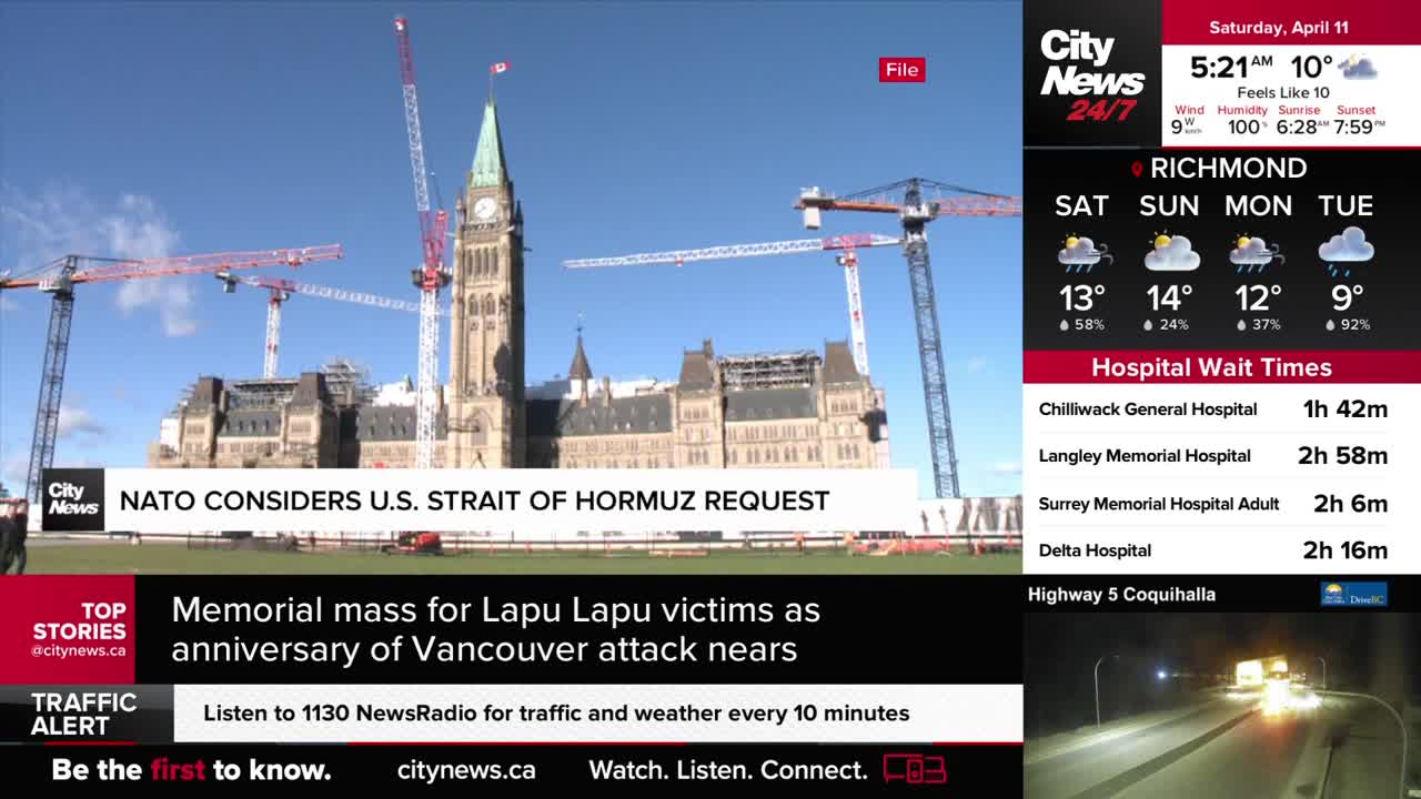 Towering construction cranes surround the Parliament Buildings under a clear blue sky. A CityNews banner scrolls across the bottom, mentioning a memorial mass for victims of a Vancouver attack.