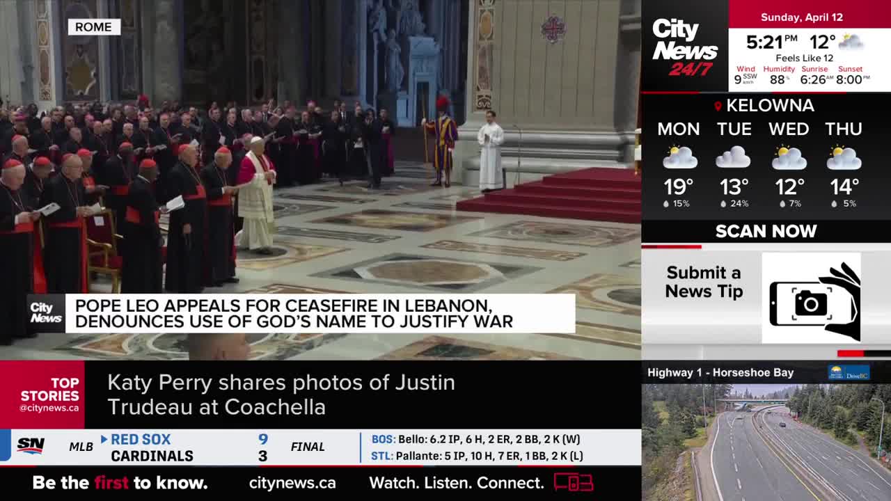 A procession of men in red and black robes stands on a patterned floor in Rome. A figure in white, likely Pope Leo, stands on a raised platform.