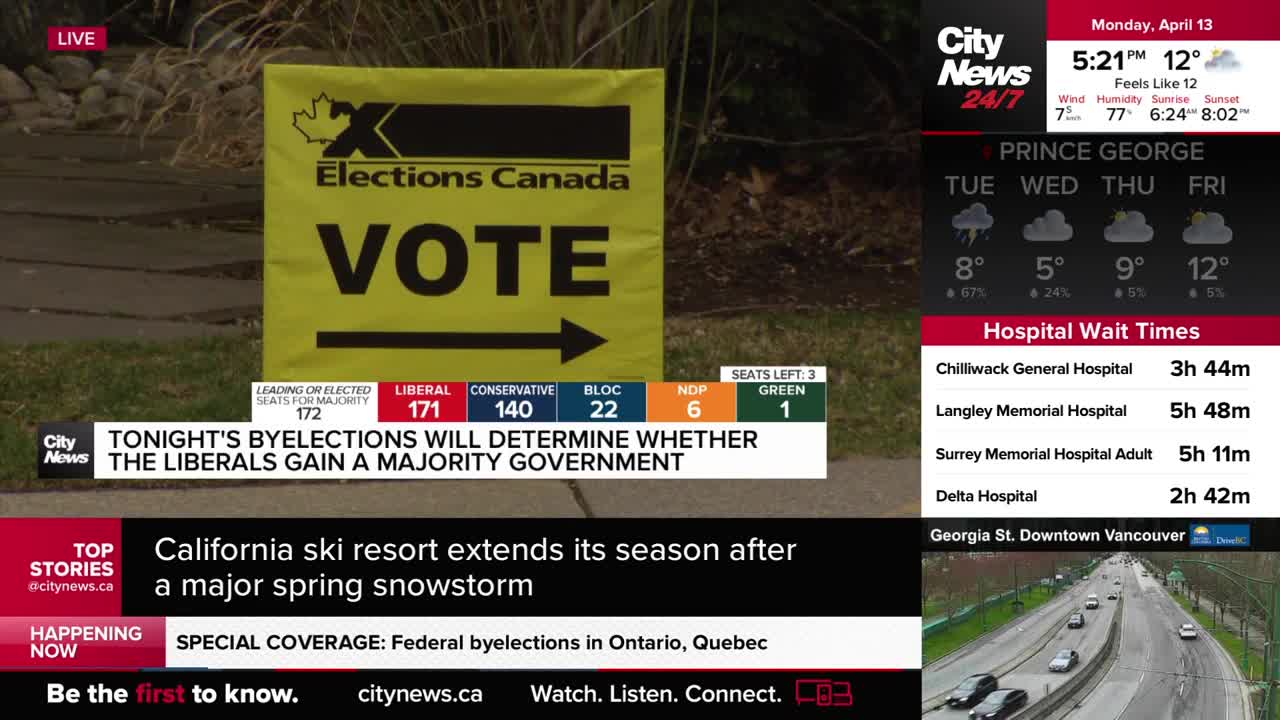 A bright yellow Elections Canada sign with "VOTE" in large black letters stands by the side of the road. Below it, a graphic displays byelections results, showing the Liberals leading with 171 seats.