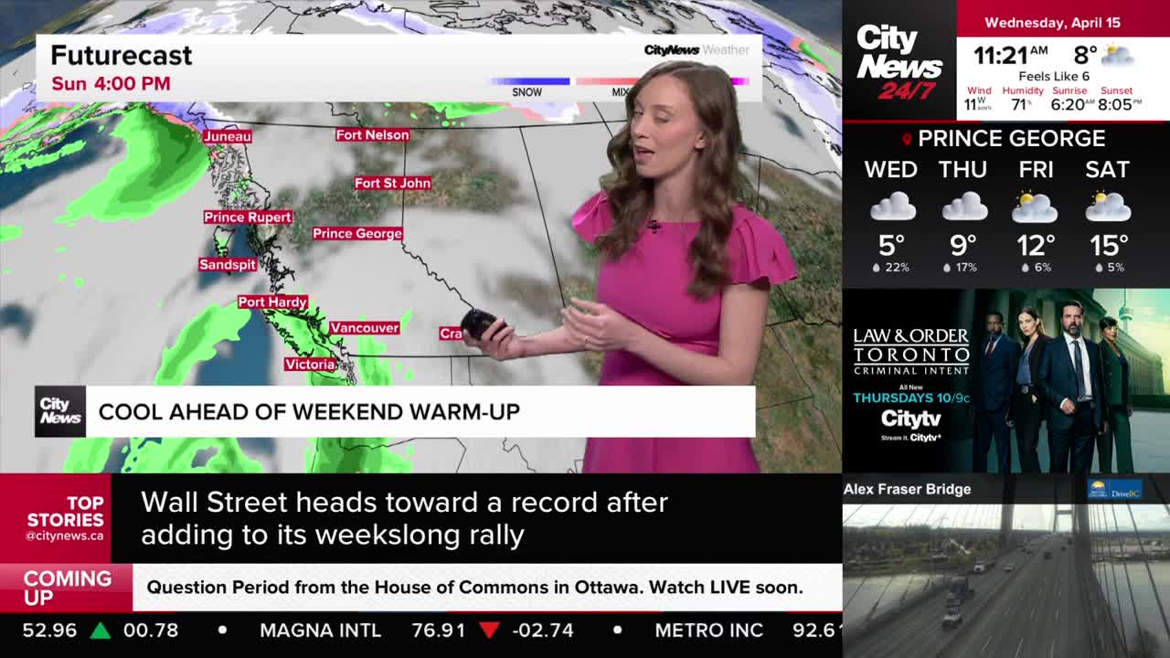 A woman in a bright pink dress stands before a weather map of British Columbia. Green patches indicate rain moving across the coast, with snow dusting the northern interior. A woman in a bright pink dress stands before a weather map of British Columbia. Green patches indicate rain moving across the coast, with snow dusting the northern interior.