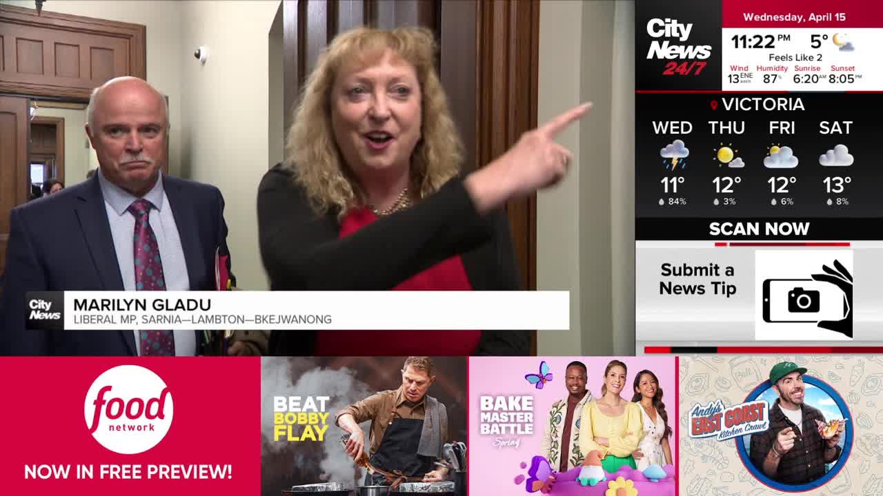 Marilyn Gladu, a Liberal MP from Sarnia—Lambton—Bkejwanong, points to her right while walking with a man in a suit. A CityNews Vancouver graphic displays the current weather in Victoria.