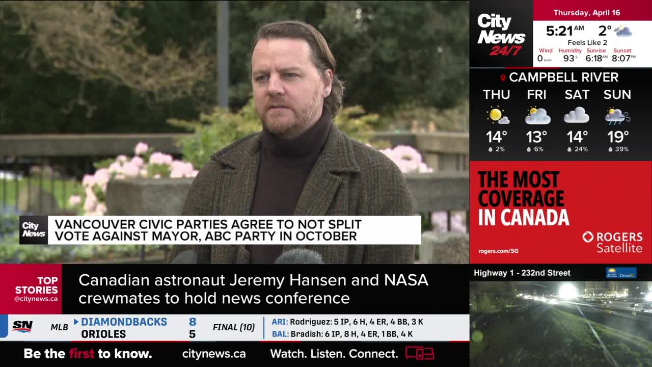 A man with a beard and a tweed coat stands outside, looking intently forward. A CityNews Vancouver chyron below him states that Vancouver civic parties have agreed not to split the vote against the mayor and ABC party in October.