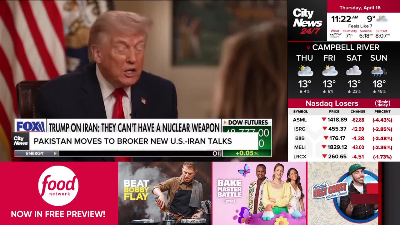 Donald Trump speaks from behind a podium, his words broadcast across the screen. To the right, CityNews Vancouver displays current weather for Campbell River and a list of Nasdaq losers.