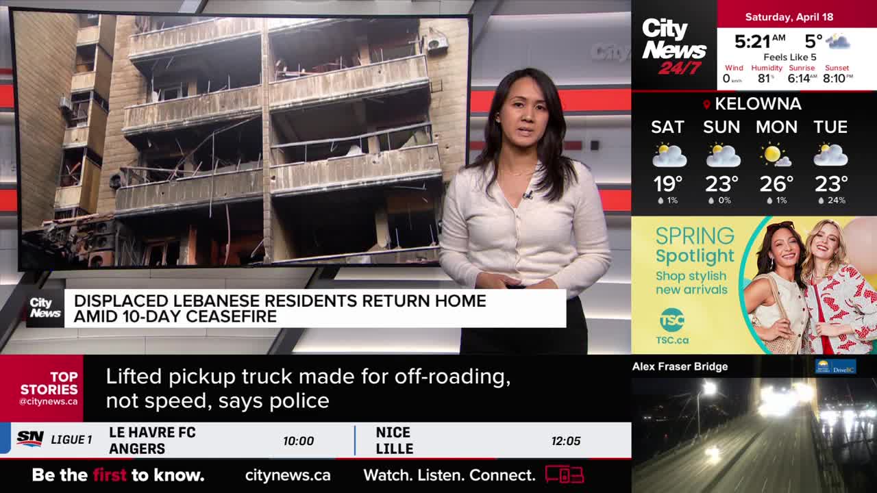 The news anchor stands before a screen showing a damaged apartment building. A graphic below details displaced Lebanese residents returning home.