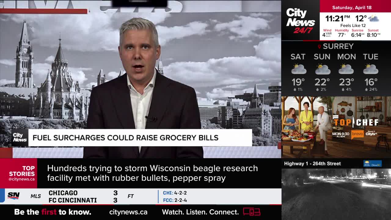 A man in a suit is speaking, with a graphic overlay stating "FUEL SURCHARGES COULD RAISE GROCERY BILLS." Below that, a headline reads "Hundreds trying to storm Wisconsin beagle research facility met with rubber bullets, pepper spray."