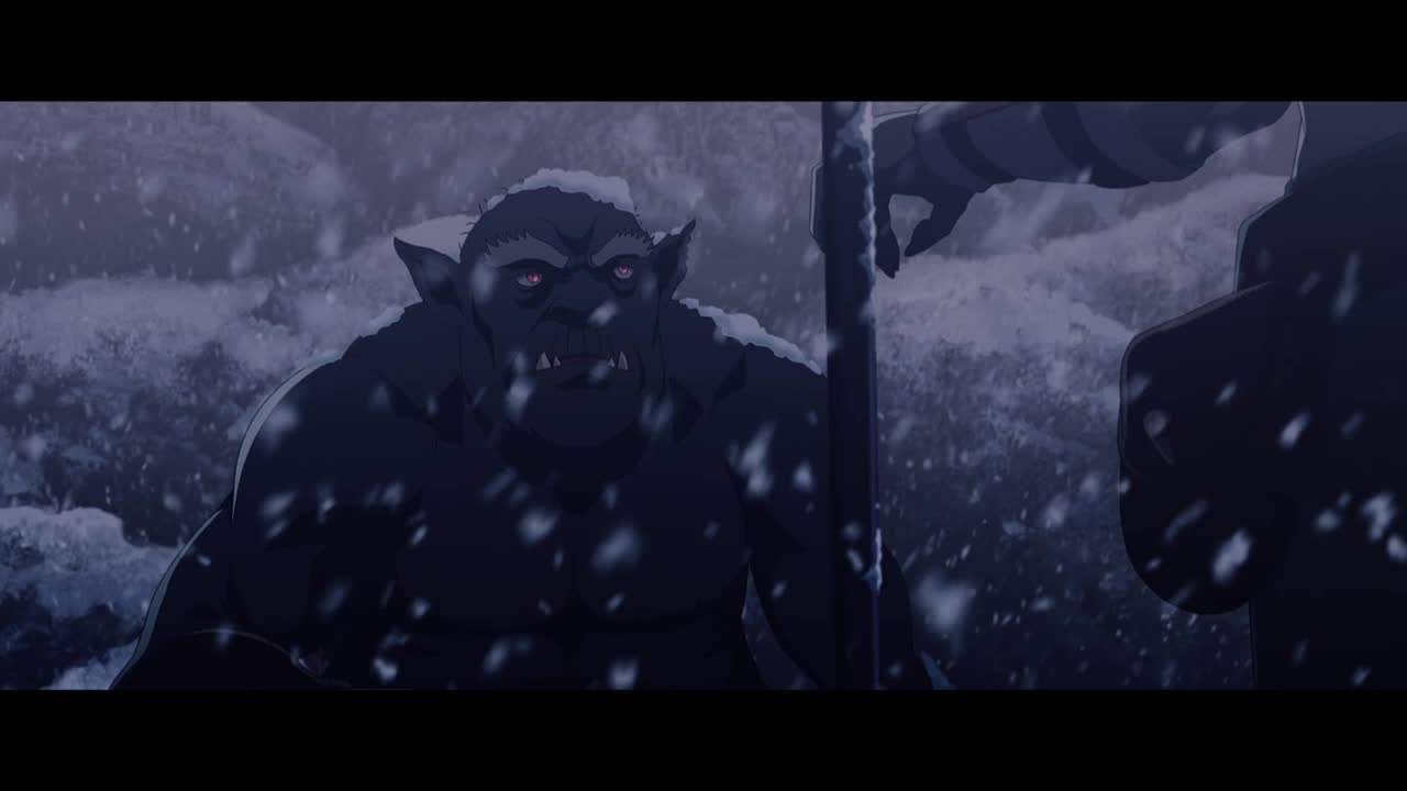 Snow falls around a hulking, dark creature with red eyes, its teeth bared.  A figure, partially obscured, seems to be holding a pole, while the creature stares forward.
