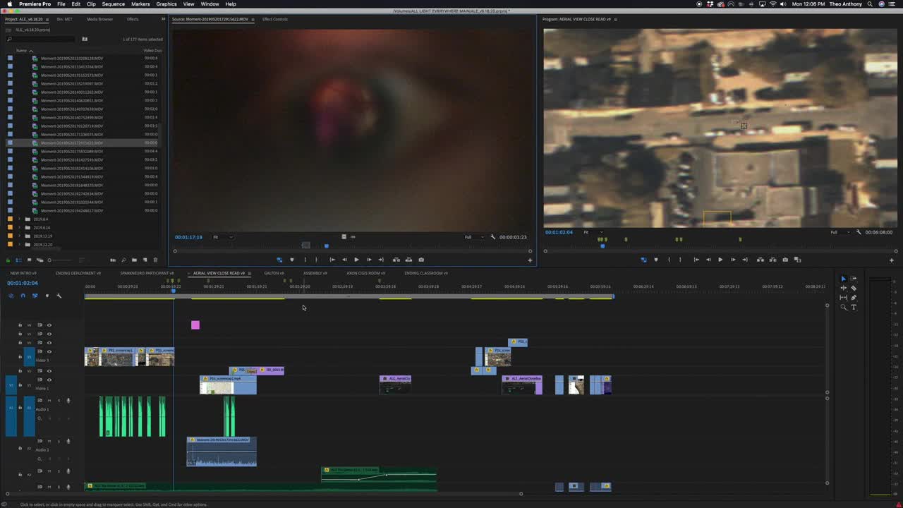 A close-up of an eye fills the screen, while a top-down view of a building sits to the right. The editing software's timeline is active, with various clips laid out and ready to be assembled.
