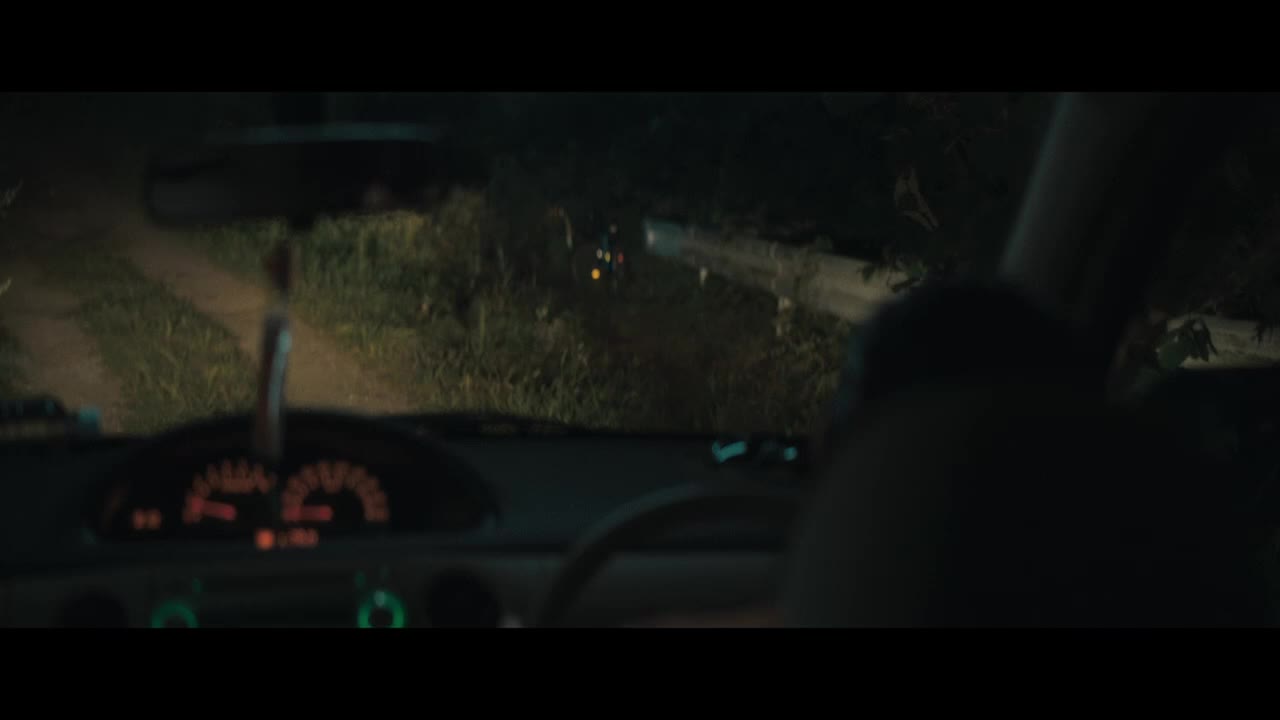 Headlights slice through the darkness, illuminating a dirt road. The car's dashboard glows orange, and the air freshener dangles from the rearview mirror.

