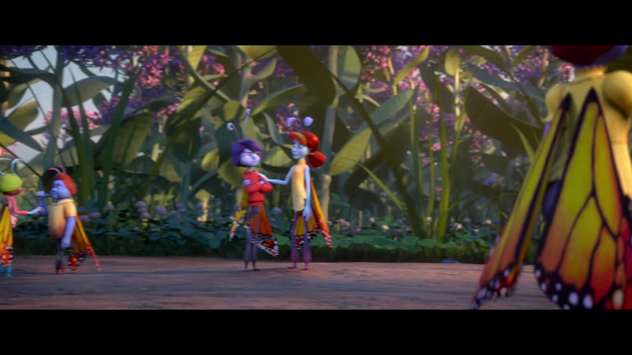 A group of animated butterflies stand on a path, some with their arms around each other. The characters are in a lush, green environment, likely from a Canadian animated series on Crave 2.
