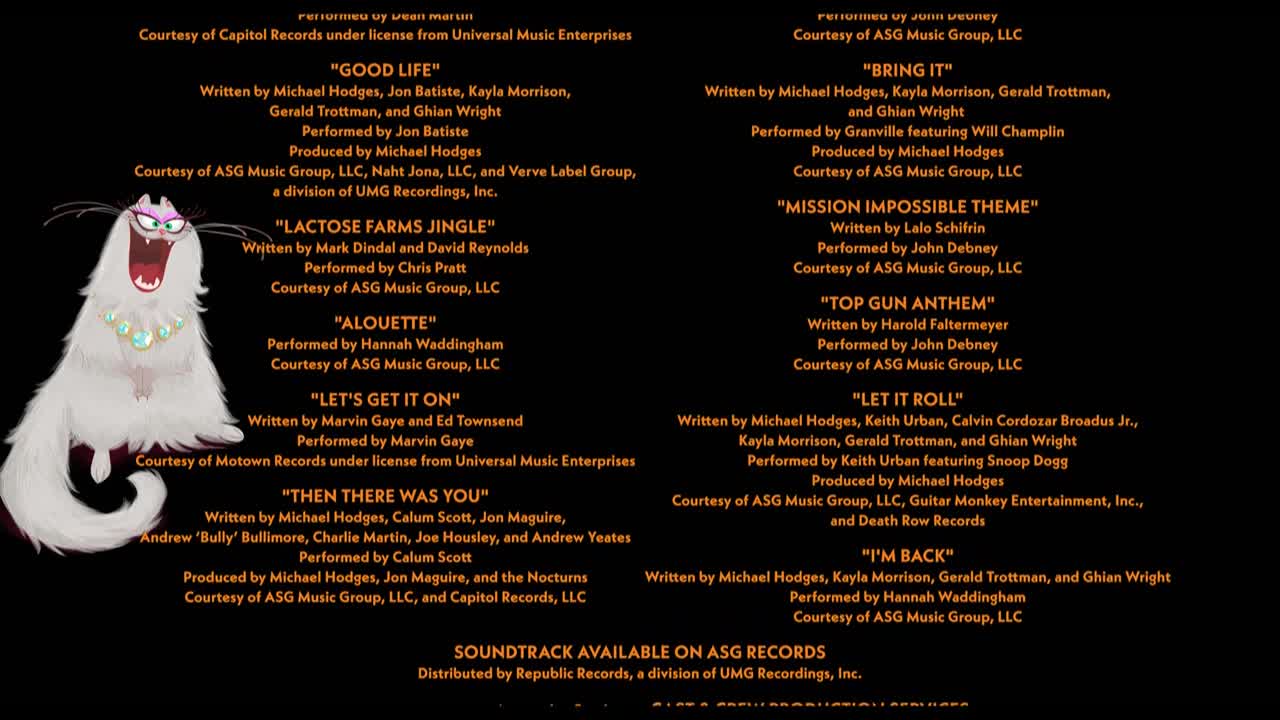 A cartoon cat with a jewel-studded collar is wide-mouthed, its expression exaggerated. The credits for a soundtrack, presumably for a show on Crave 2 in Canada, scroll against a dark background.
