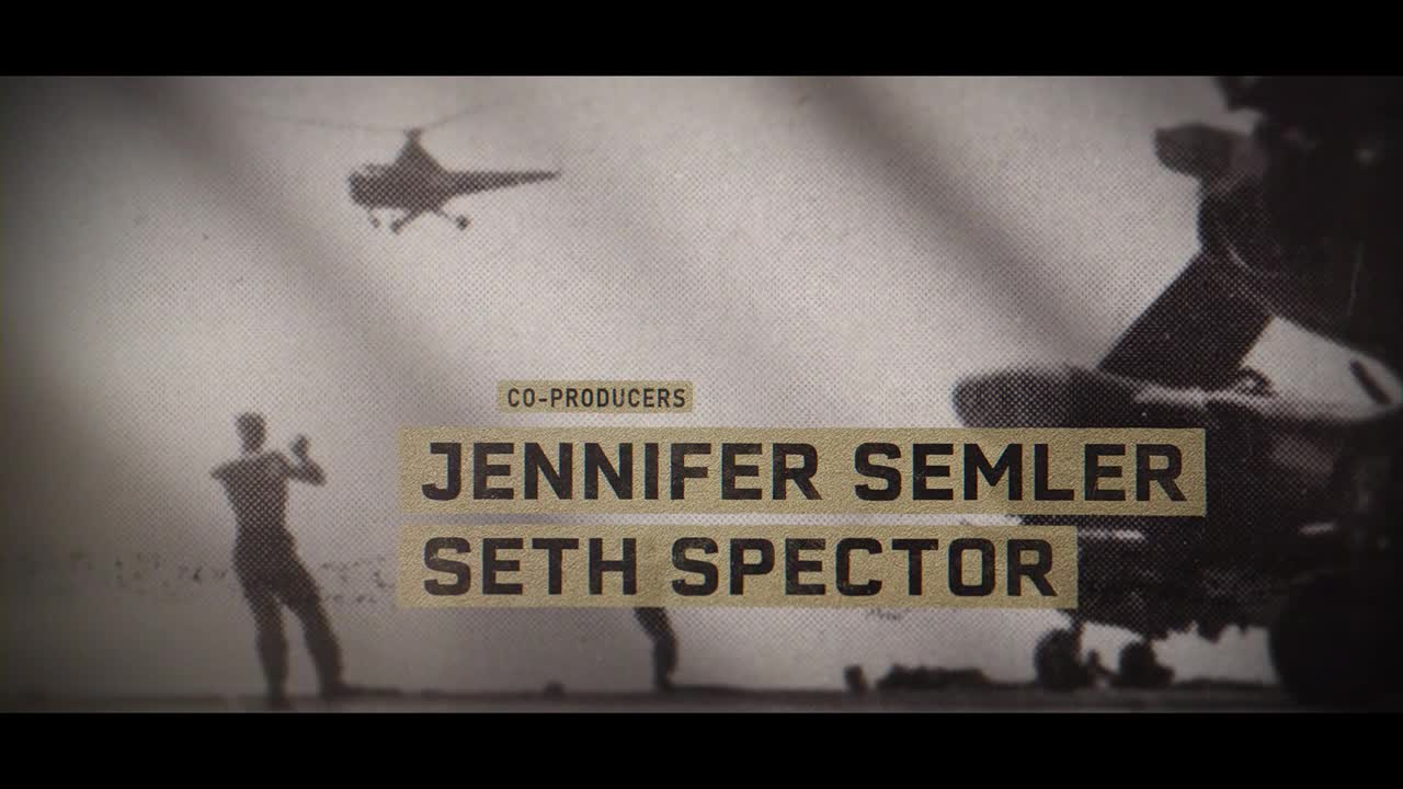 A helicopter hovers in the sky, while a figure on the ground appears to be aiming a weapon. The names of the co-producers are displayed in a blocky font, likely a title card for a show on Crave 2, Canada.
