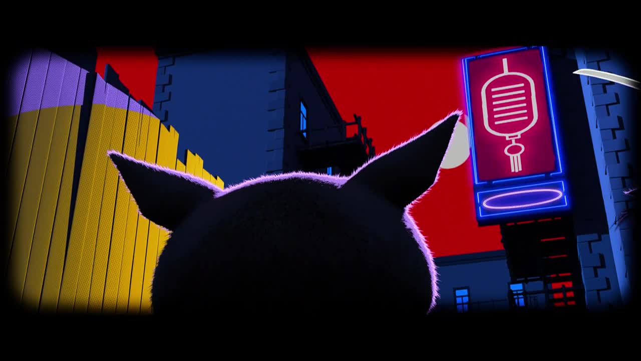 A shadowy, furry creature looks toward a neon sign with a microphone. The sign glows against a crimson sky, framed by the stylized buildings of a cartoon city.
