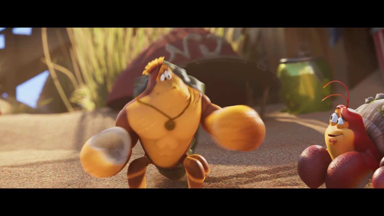 A muscular crab-like character, with a gold pendant, is mid-stride, his large claws raised. Beside him, a smaller, red-shelled creature watches with a worried expression.
