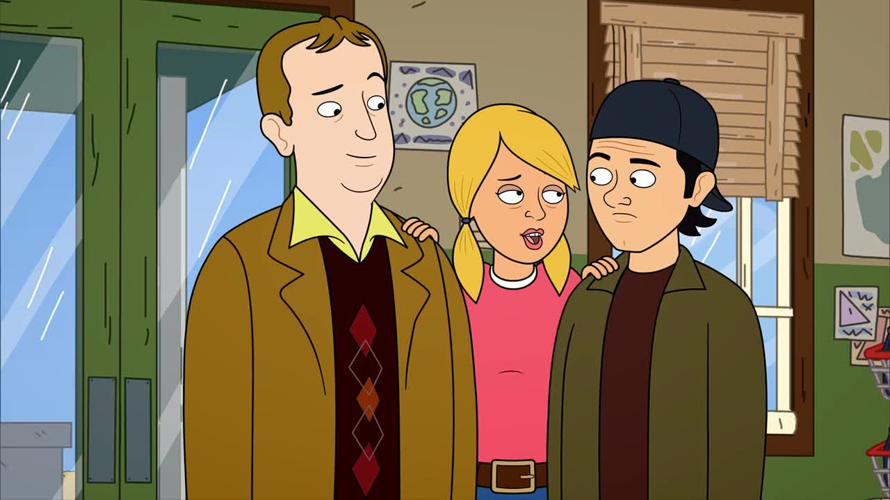 A man in a brown blazer has his arm around a young woman who looks surprised.  The woman's friend, wearing a baseball cap, stands beside her with a look of mild concern.
