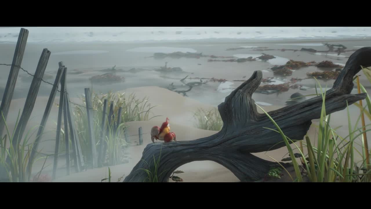 A small, red crab sits atop a weathered log, overlooking a misty beach. The ocean's waves gently lap the shore, as seen in a scene from the Canadian animated series, Crave 2.
