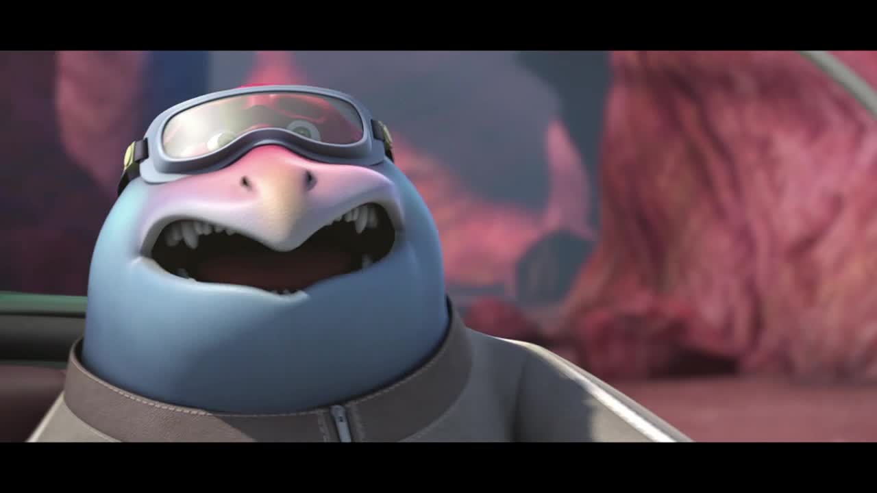 A blue bird, wearing goggles, bares its teeth in an angry grimace. The background is a blurry, pinkish-red, like something out of a Crave 4 animated show.
