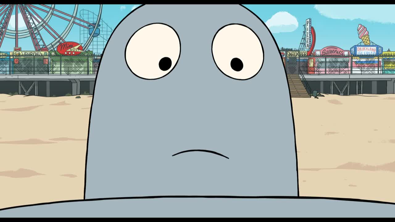 A large, grey creature stares blankly at the boardwalk, its big eyes fixed on the amusement park rides. The scene is from Crave 4, a Canadian streaming service, and the animation style is simple but expressive.
