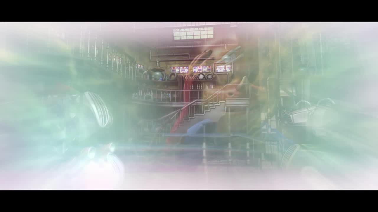 A hazy, colorful light washes over the interior of a steampunk-style room. The scene is partially obscured, but a set of stairs with a red railing and equipment with gauges are visible.
