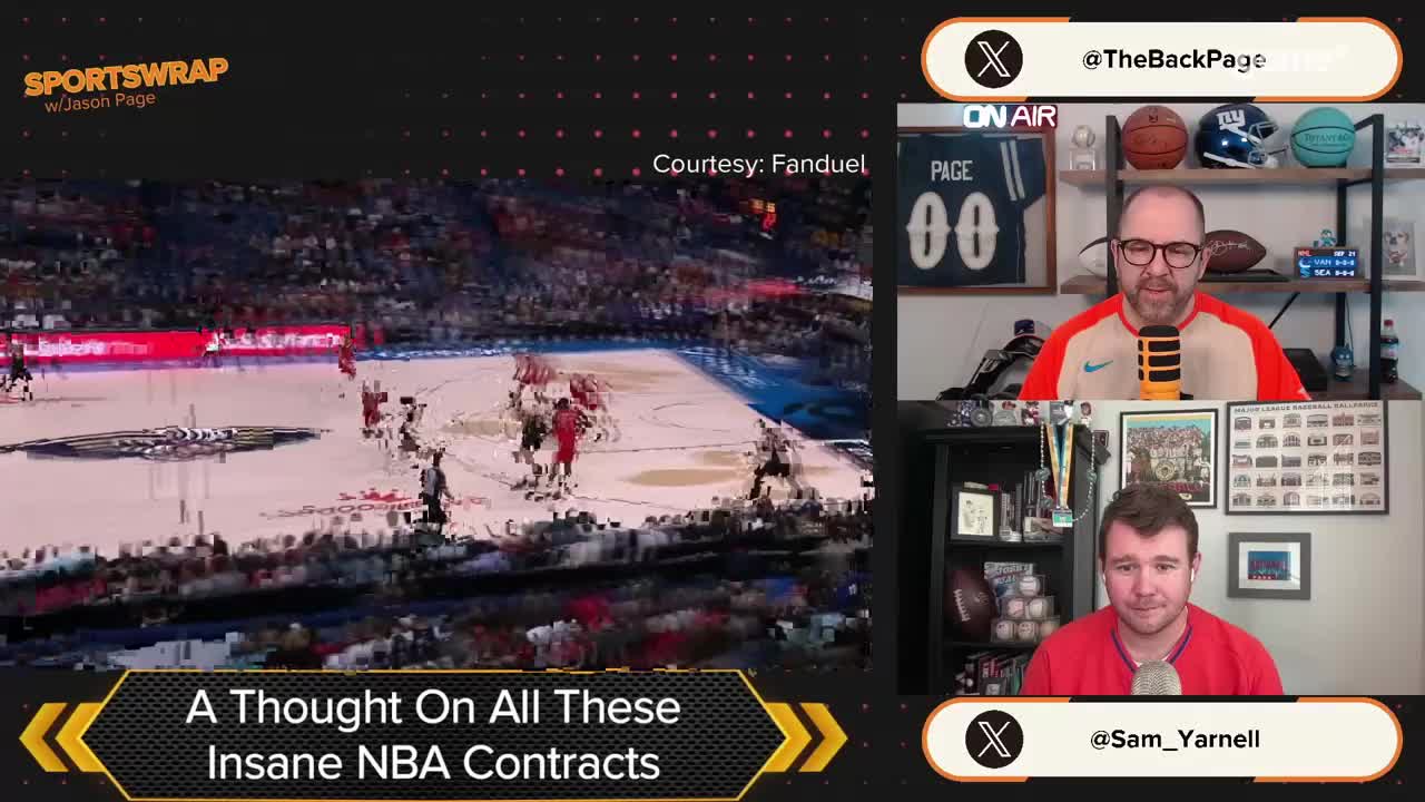On the court, players in red and black jerseys are battling for the ball. The action is being discussed by two commentators on a Game+ show.
