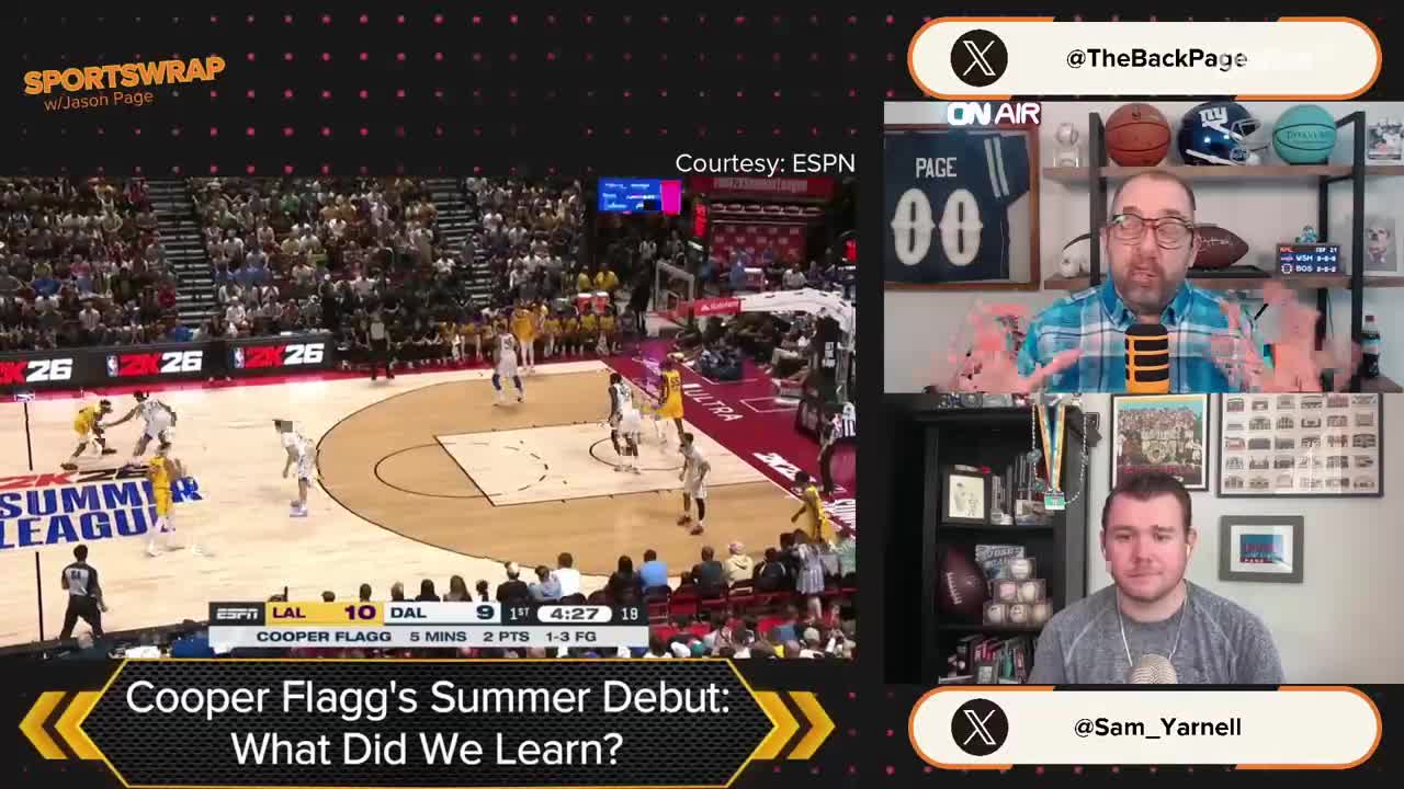 On the court, players in yellow and white jerseys are battling for the ball. Meanwhile, a broadcast from Game+ is analyzing the Summer League game.
