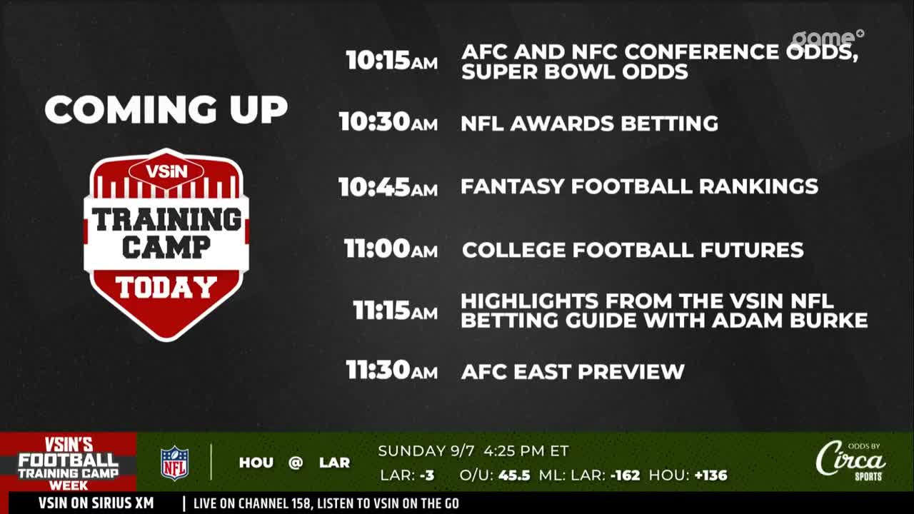 The screen displays a schedule for a VSiN "Training Camp" broadcast, with topics like Super Bowl odds and NFL betting guides. Below, the bottom banner shows the game between HOU and LAR, along with betting odds.

